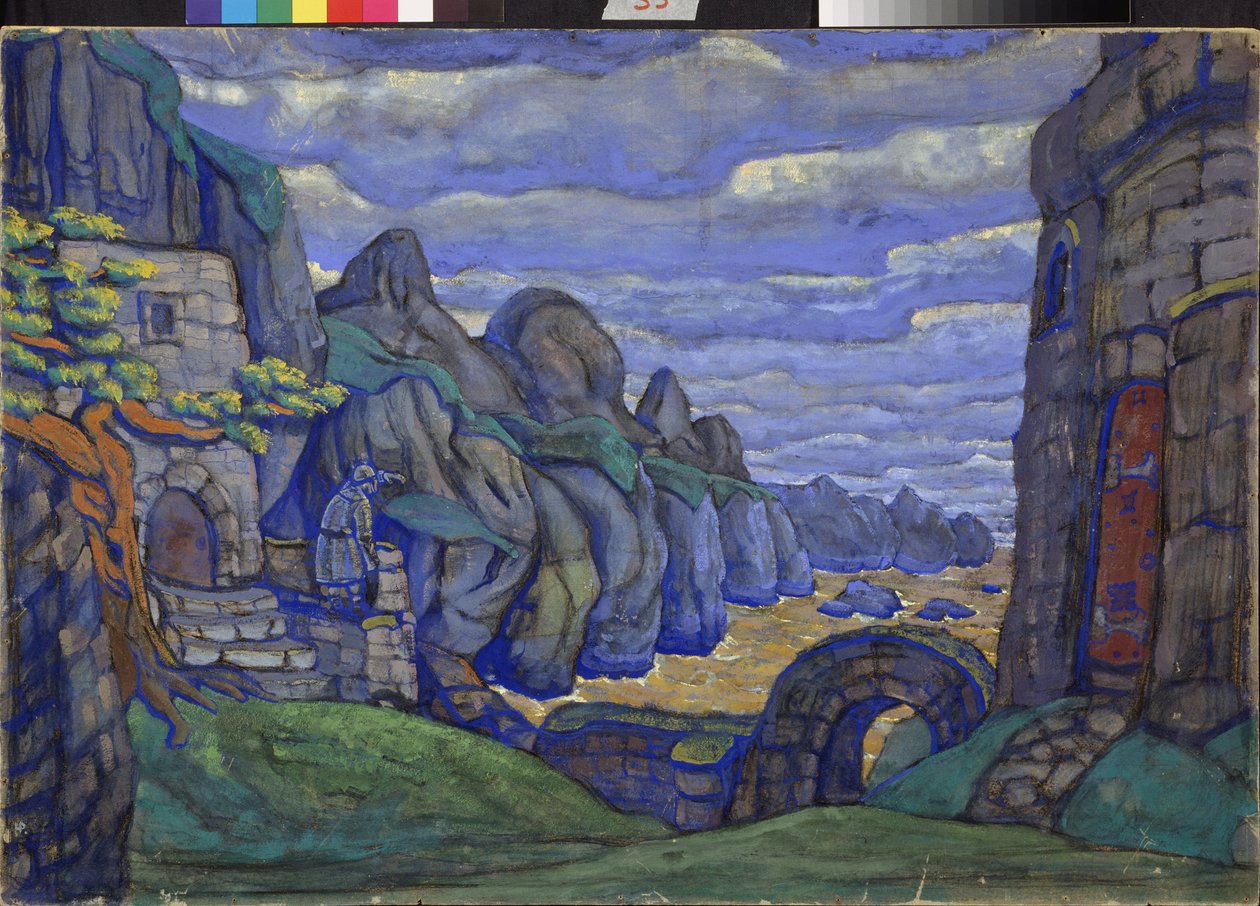 Landsby ved havet Forberedende indretning til operaen Tristan og Isolde af Richard Wagner (1813-1883). Værk af Nicholas Roerich (1874-1947), gouache og tempera på pap af Nicholas Roerich