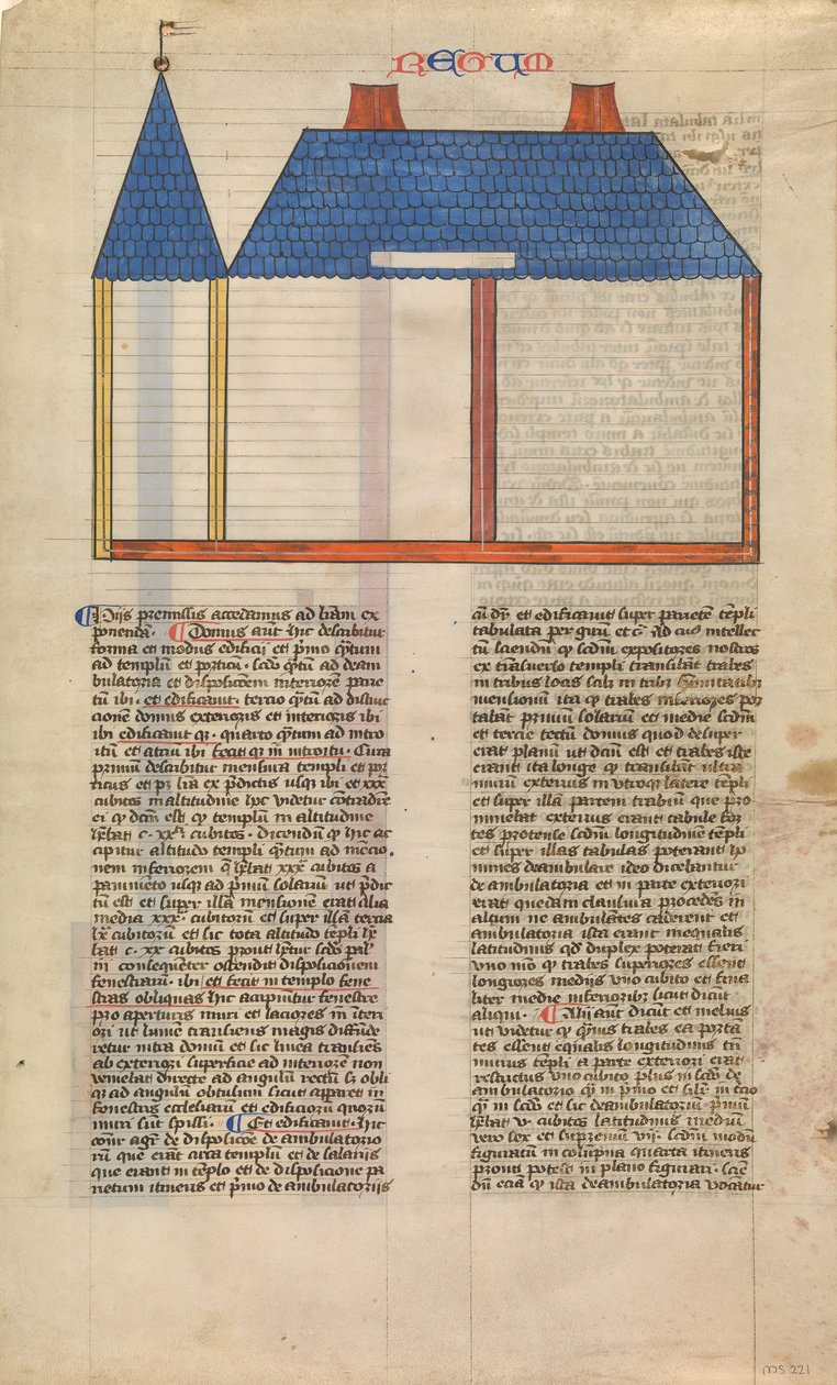 Højde af Salomons tempel, et af seks illustrerede blade fra Postilla..., ca. 1360-1380. af Nicholas of Lyra