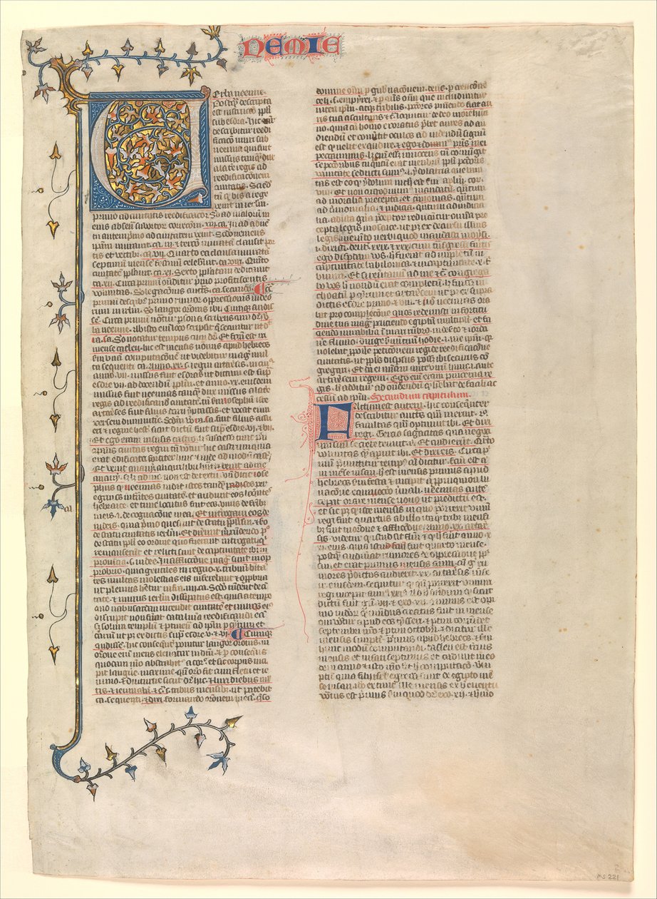 Indledende V fra kommentaren til Nehemias, et af seks illustrerede blade..., ca. 1360-1380. af Nicholas of Lyra