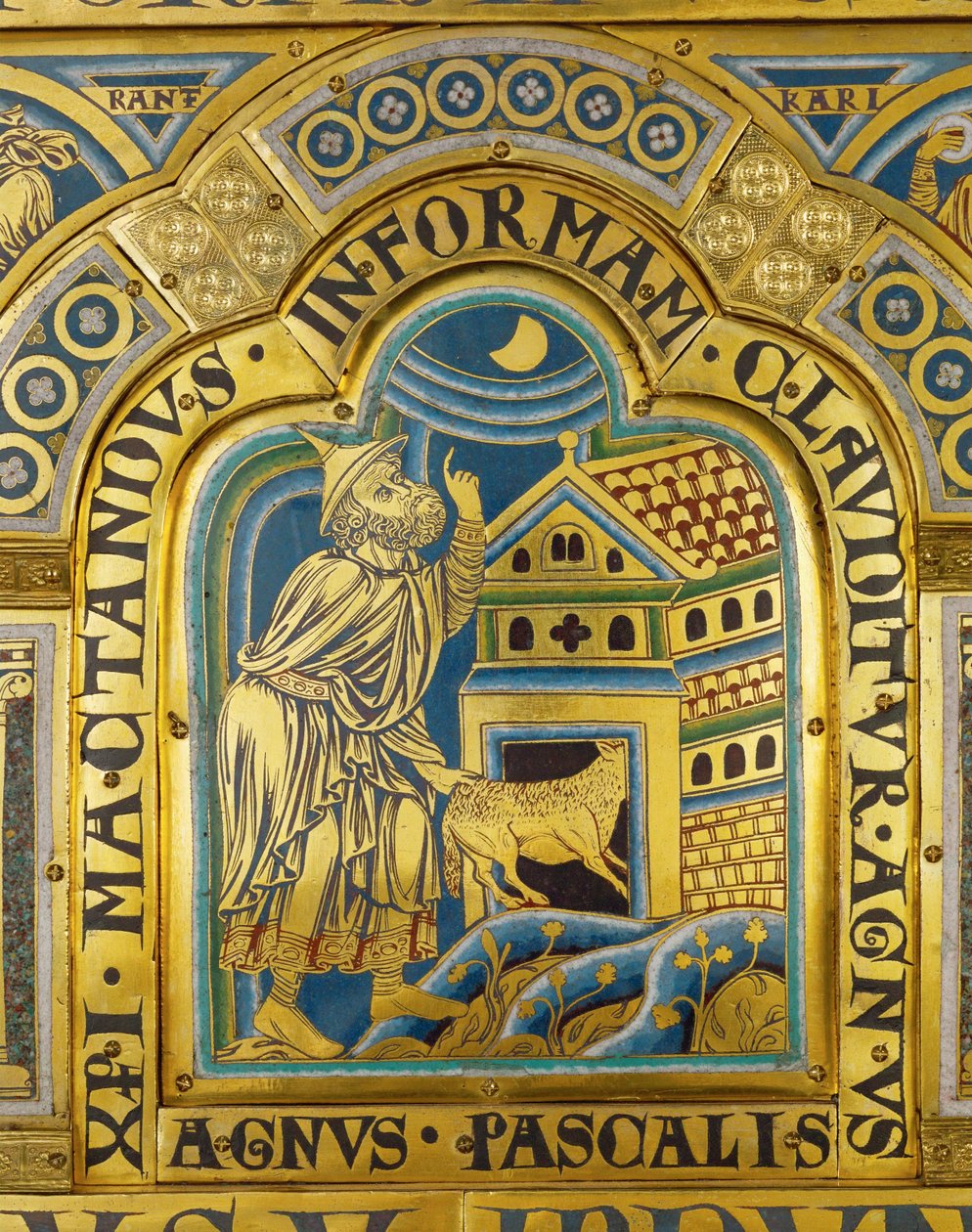 Agnus Pascalis, det symbolske påskelam ... (emaljeplade i champleve-teknik på forgyldt kobber) af Nicholas of Verdun
