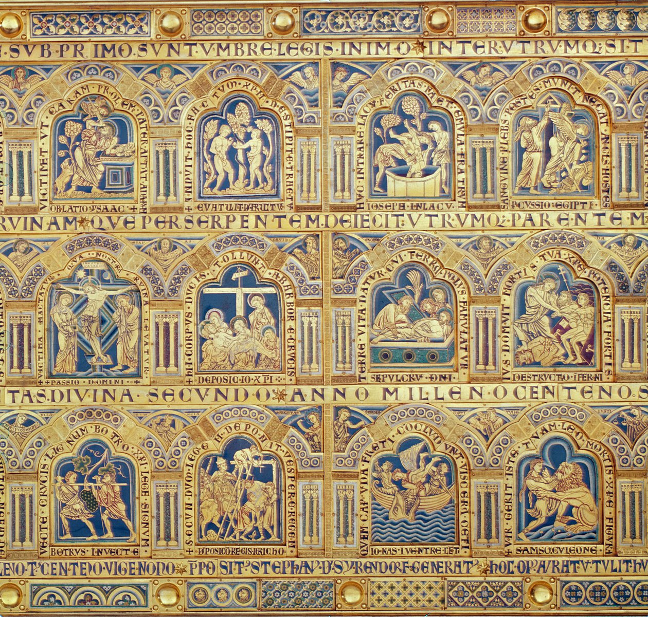 Verdun-alteret, detalje af dekorative paneler, der viser bibelske scener, champleve-emaljeværk fra 1181 af Nicholas of Verdun