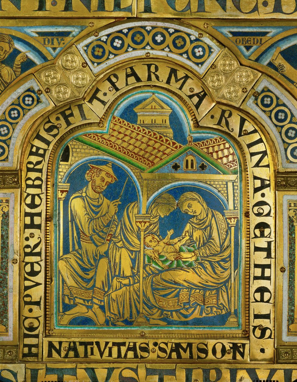 Samsons fødsel, Manoah med en middelalderlig jødehat ... (emalje på forgyldt kobber) af Nicholas of Verdun