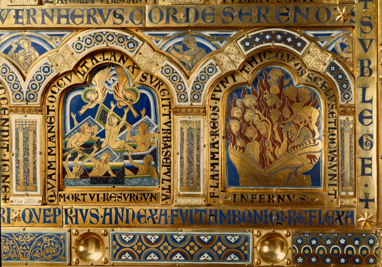 Verdun-alter lavet i guld og emaille af Nicolas de Verdun (ca. 1130/50-1205): scener fra Det Gamle og Nye Testamente: detaljer, der viser de døde, der forlader deres grav på den sidste dommedag, og forbanderne, der brænder i flammerne af helvede. 12. årh.  af Nicholas of Verdun