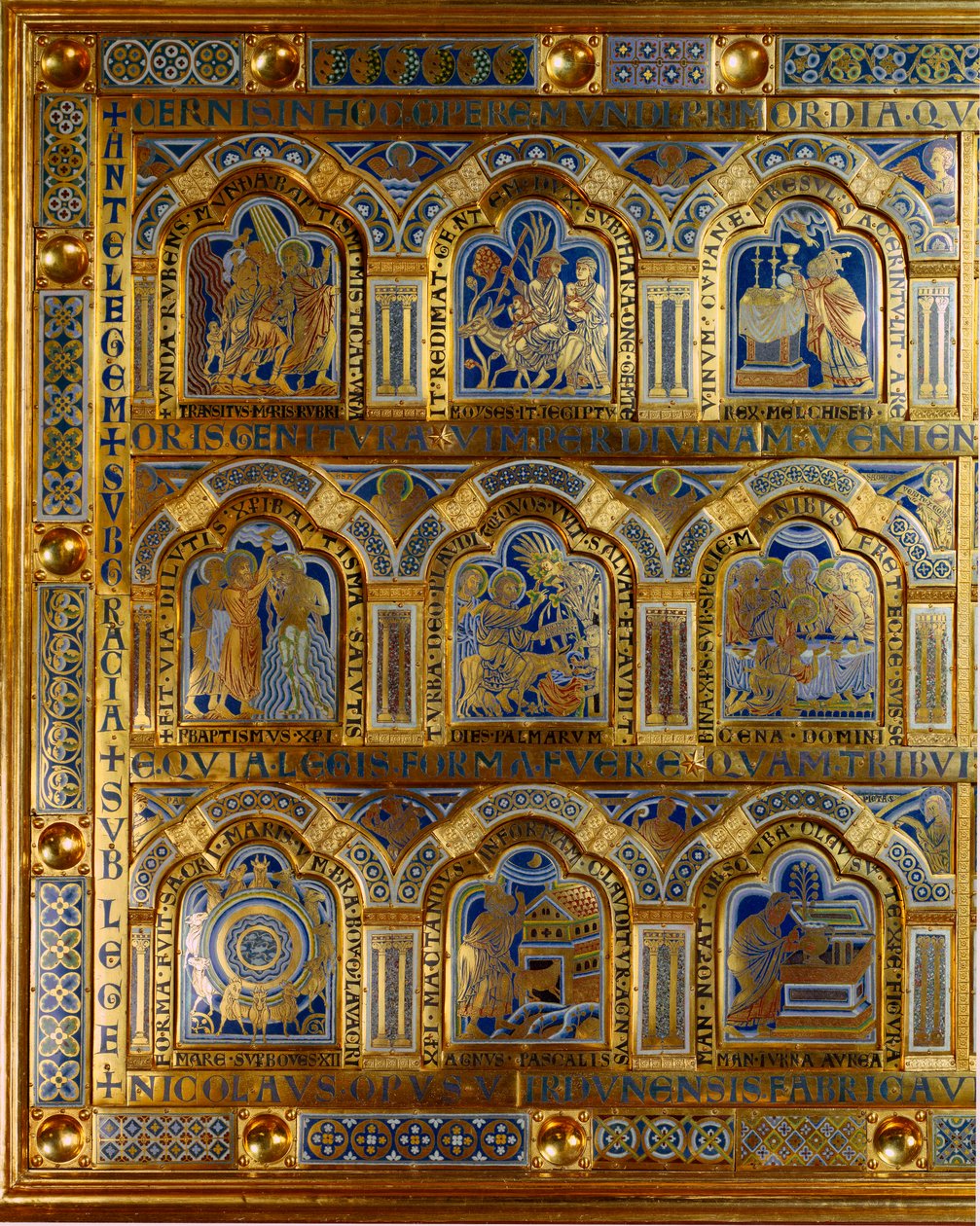 Verdun-alter lavet i guld og emalje af Nicholas af Verdun (ca. 1130/50-1205): scener fra Det Gamle og Nye Testamente (krydser Det Røde Hav, Kong Melkisedek), Kristi dåb, t. af Nicholas of Verdun