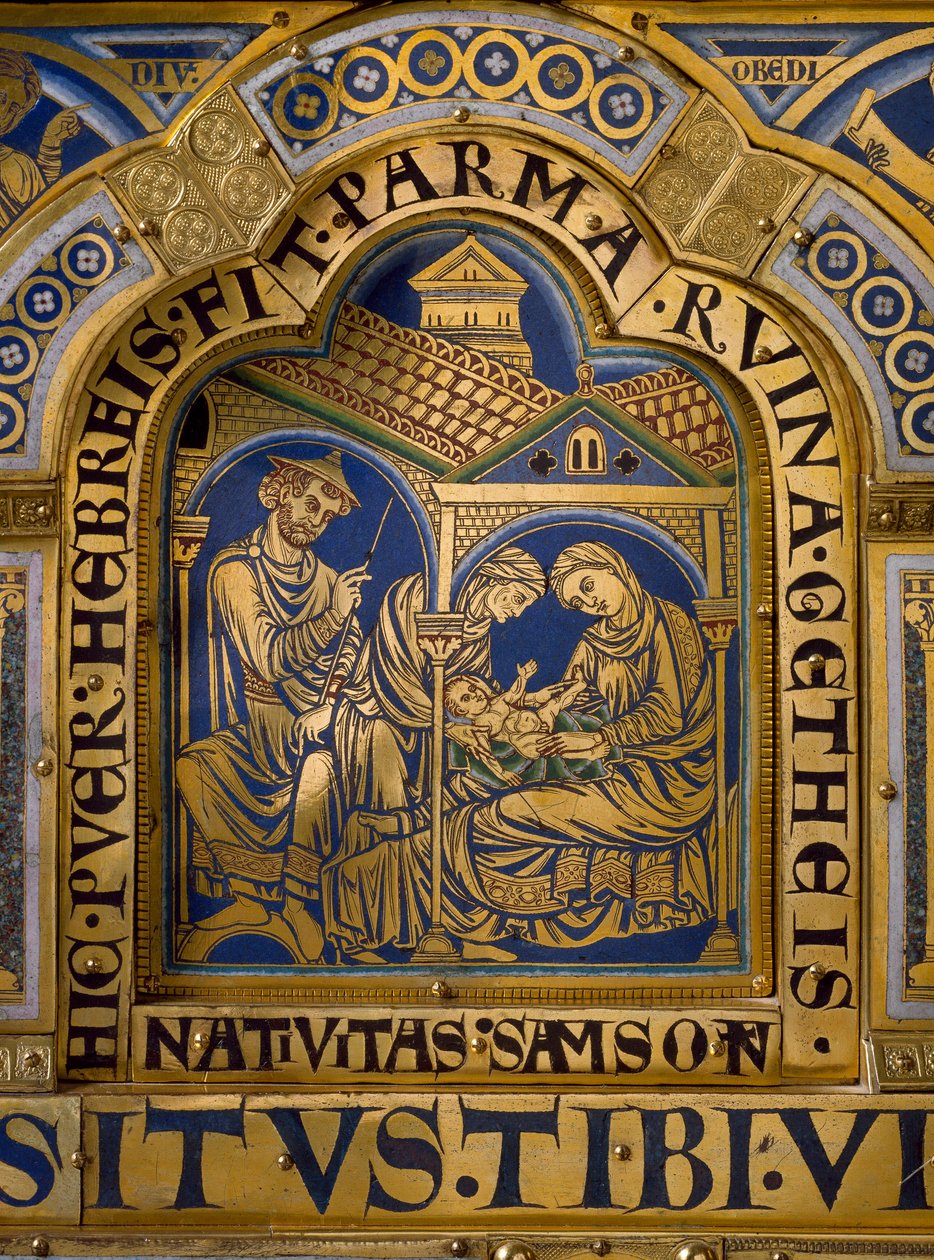 Verdun-alter lavet i guld og emalje af Nicolas de Verdun (ca.1130/50-1205): scener fra Det Gamle og Nye Testamente: detaljer, der repræsenterer Samsons fødsel. 12. århundrede Klosterneuburg Wien, Østrig - Verdun alter, emalje på forgyldt kobber, af Nicolas af Nicholas of Verdun