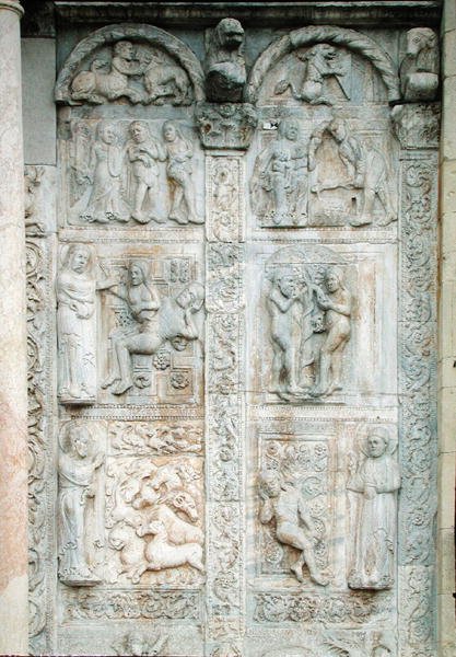 Historien om Adam og Eva, fra den sydlige side af det vestlige våbenhus, ca. 1120-38 (marmor) af Nicholaus Nicholaus