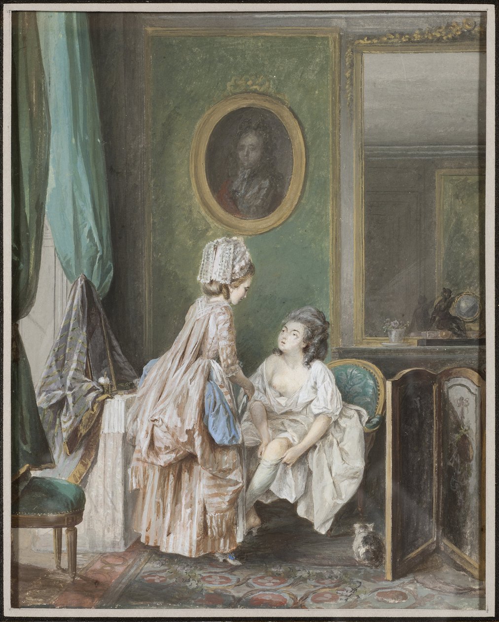 Kvinde tager sine strømper på - Kvinde trækker i sin strømpe, af Lafrensen, Niclas (Nicolas Lavreince) (1737-1807). Gouache på papir af Niclas II Lafrensen