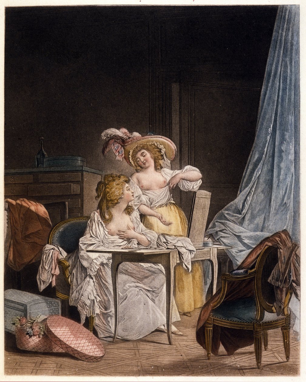 Sammenligningen. To kvinder sammenligner størrelsen på deres bryst. Gravering af Nicolas Lavreince (1737-1807), omkring 1782. af Niclas II Lafrensen
