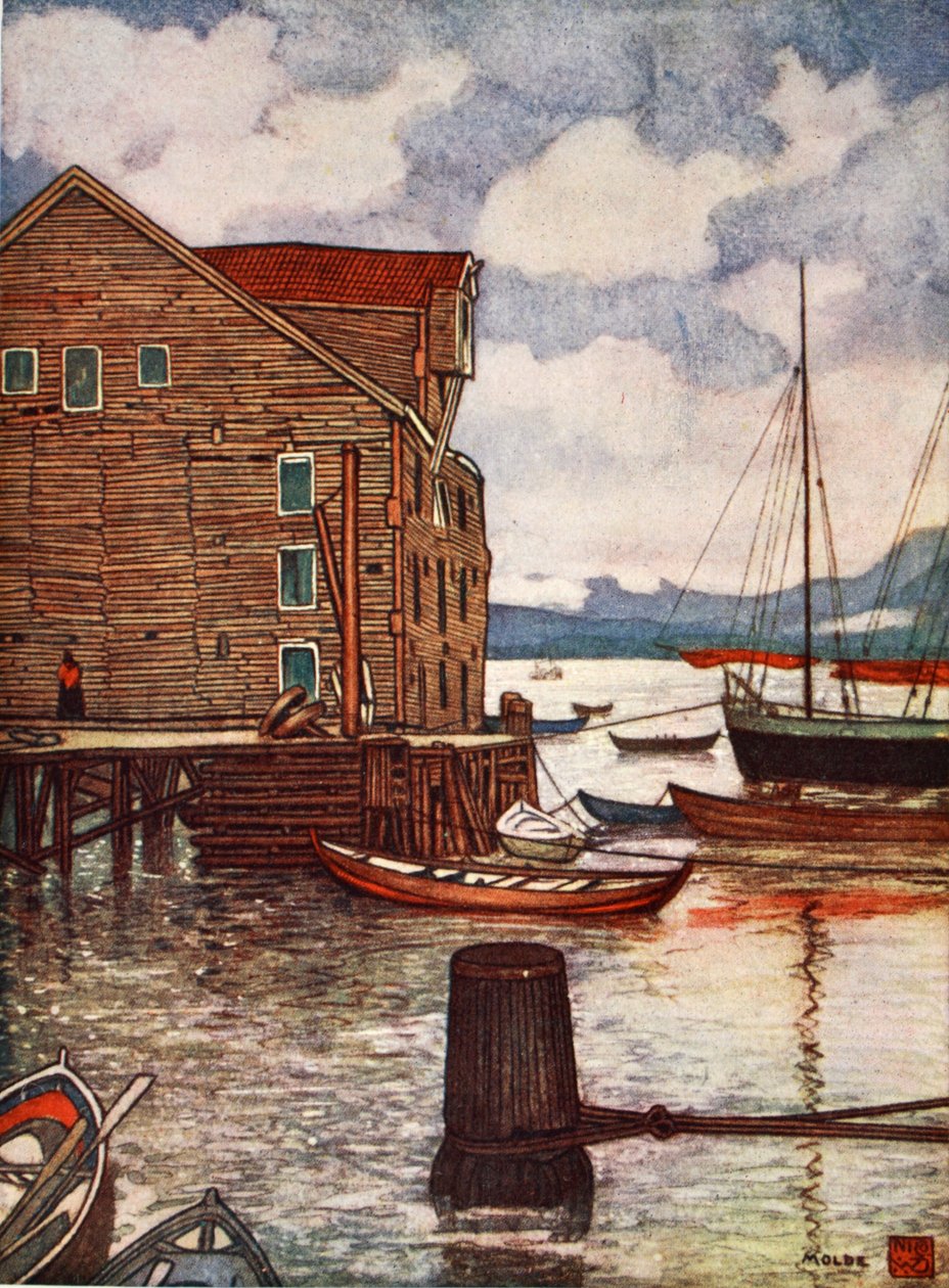 Gammelt Pakhus og både, Molde, 1905 af Nico Jungman
