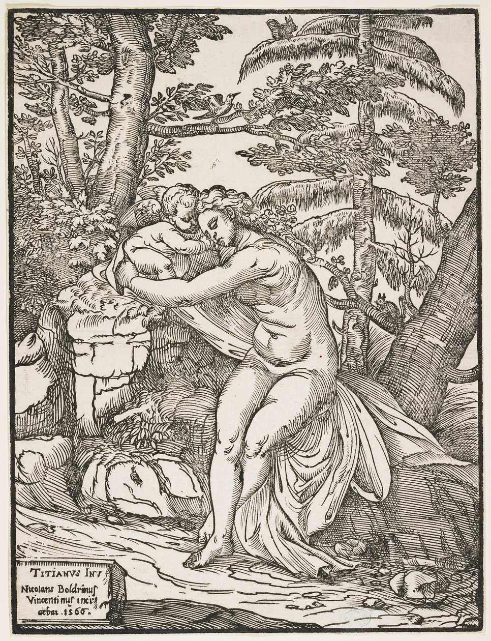 Venus og Amor, 1566 (chiaroscuro-træsnit, kun nøgleblok) af Nicolò Boldrini