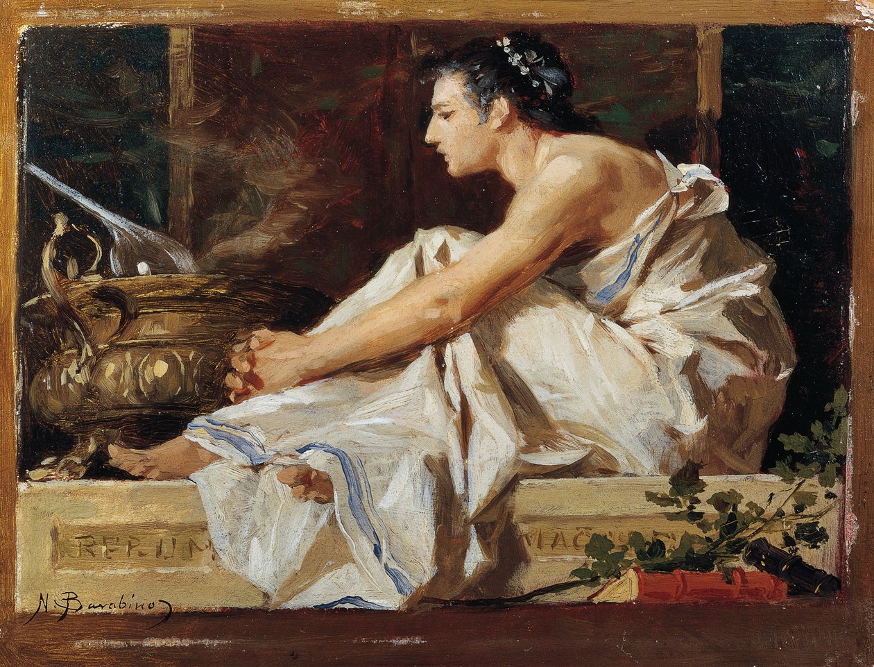 Studie til geografi, af Nicolo Barabino (1832-1891), olie på panel af Nicolo Barabino