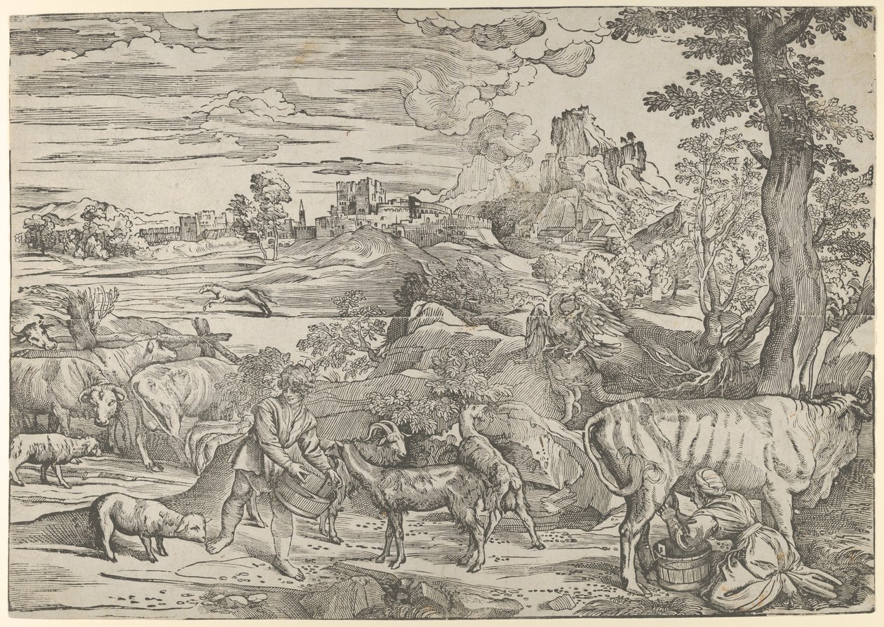 Landskab med en malkepige til højre og en dreng til venstre, ca. 1535-40., ca. 1535-40. af Nicolò Boldrini