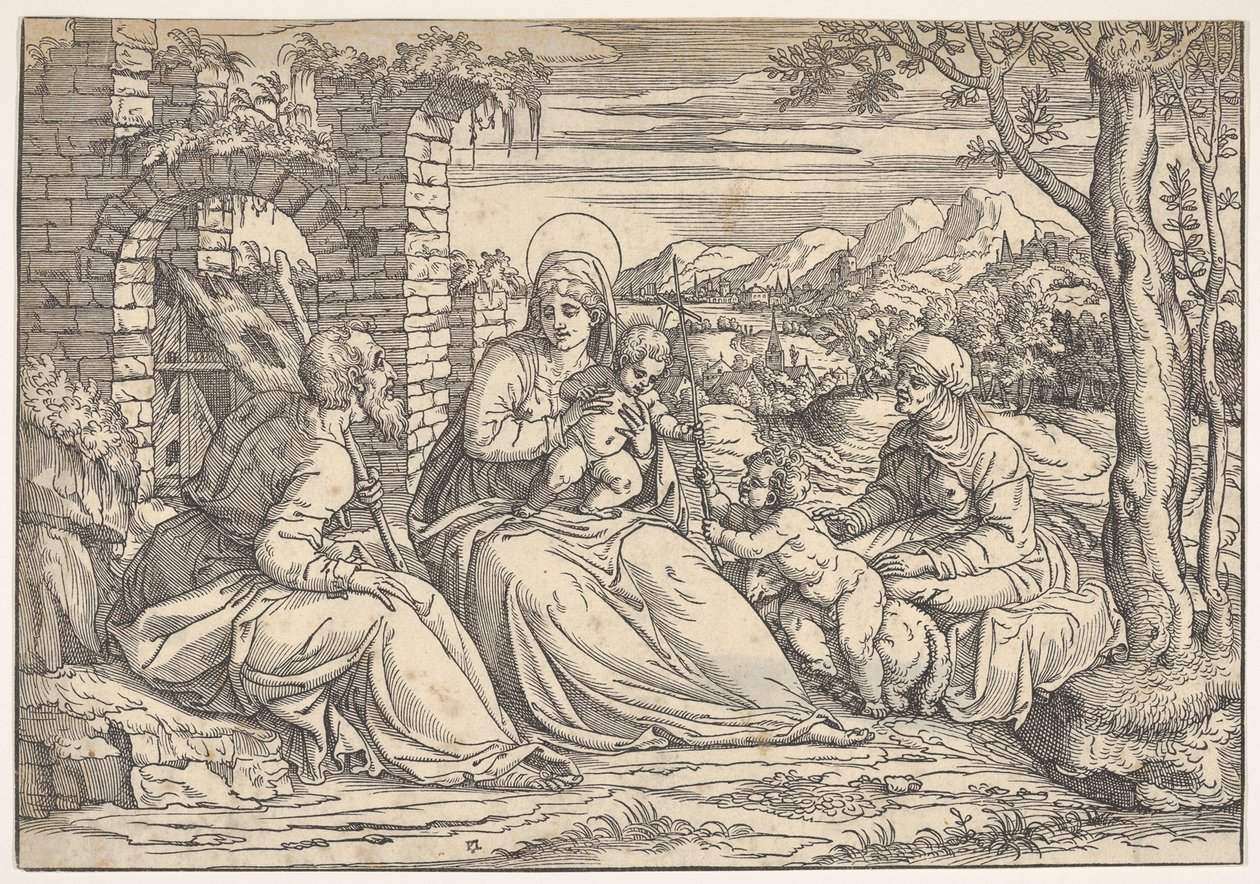 Den hellige familie med de hellige Elizabeth og Johannes, ca. 1550. af Nicolò Boldrini