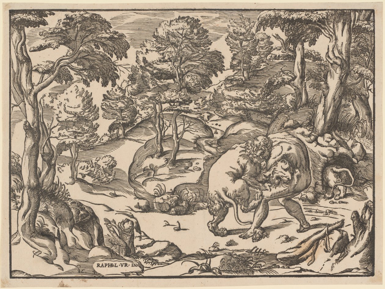 Hercules og Nemean Lion af Nicolò Boldrini, after Raphael