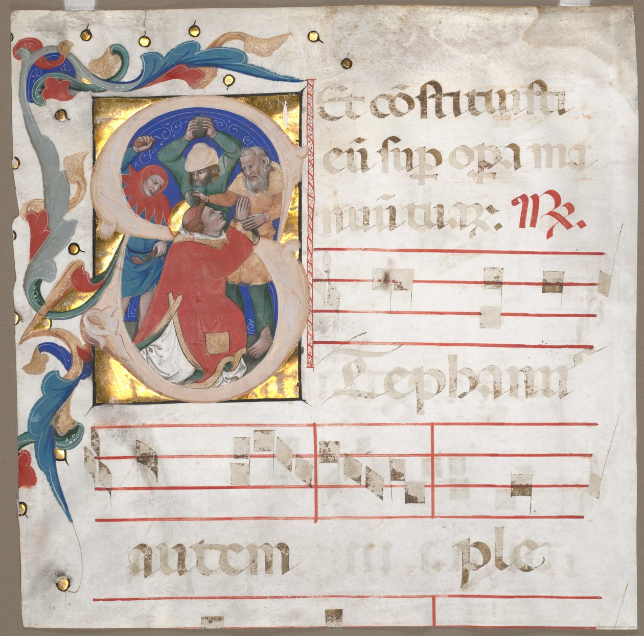 Fragment af et antifonarium med historisk initial (S): Steningen af St. Stephen af Nicolò da Bologna