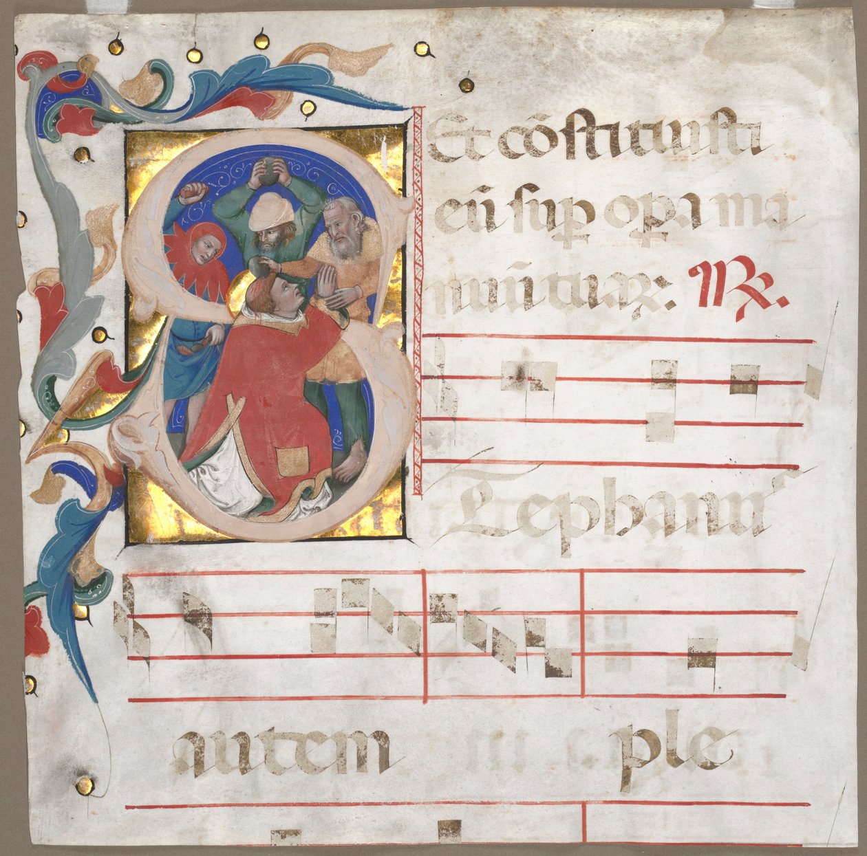 Fragment af et antifonarium med historisk initial S: Steningen af St. Stephen, ca. 1370-1372. af Nicolò da Bologna