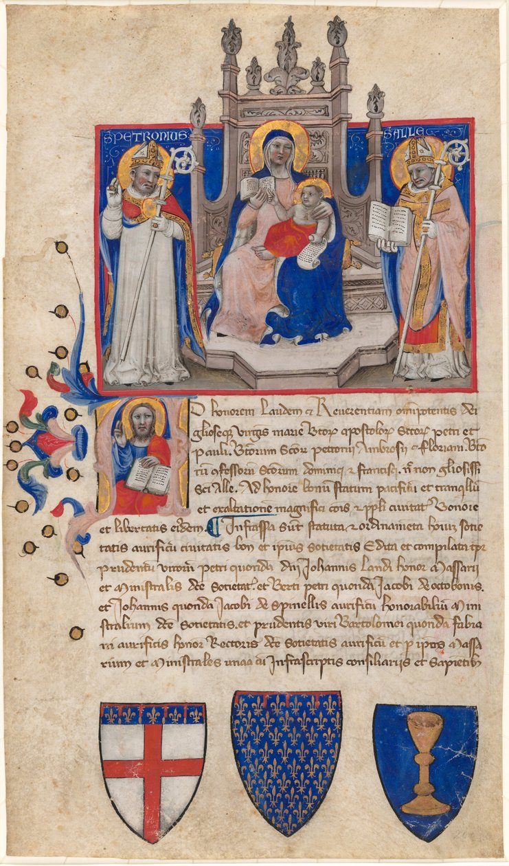Madonna og barn på tronen mellem de hellige Petronius og Alle (Eligius); Kristus i indledende A af Nicolò da Bologna