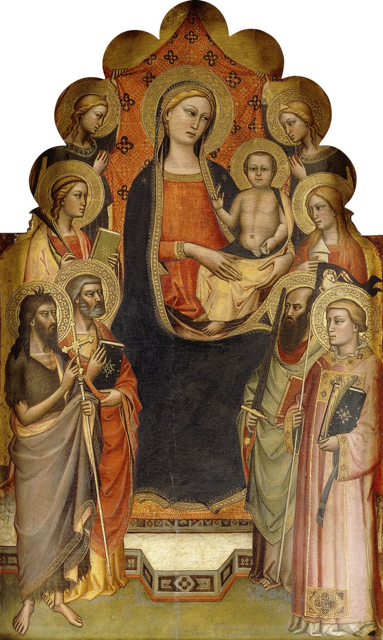 Madonnaen og barnet tronede med de hellige Johannes Døberen, Peter, Maria Magdalena, Paulus og Stefanus, en kvindelig martyrhelgen og engle, af Nicolò di Pietro