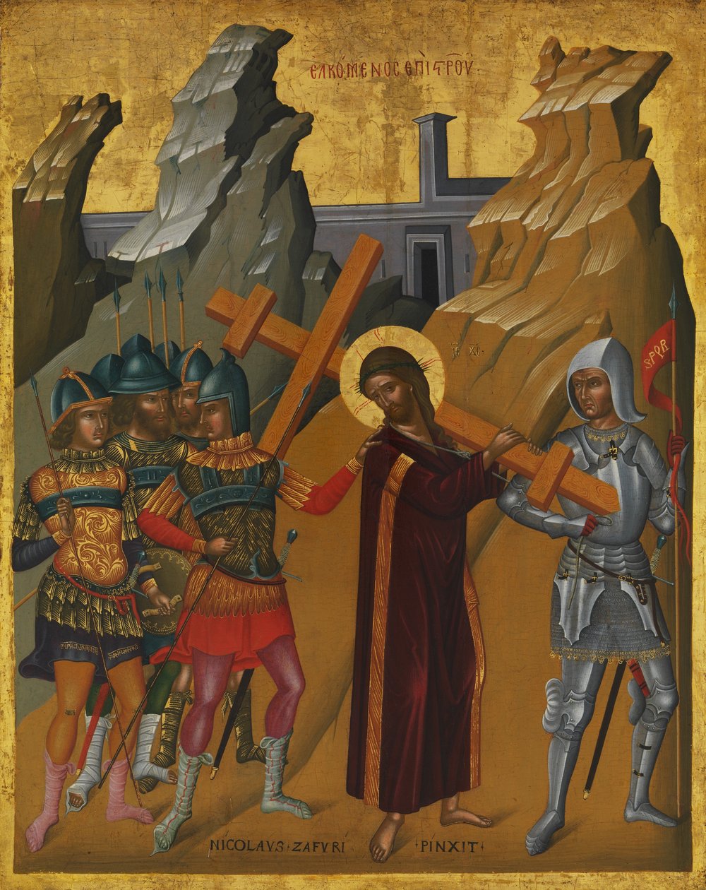 Kristus bærer korset, ca. 1590 (olie og tempera på træ, guldmalet) af Nicola Zafuri