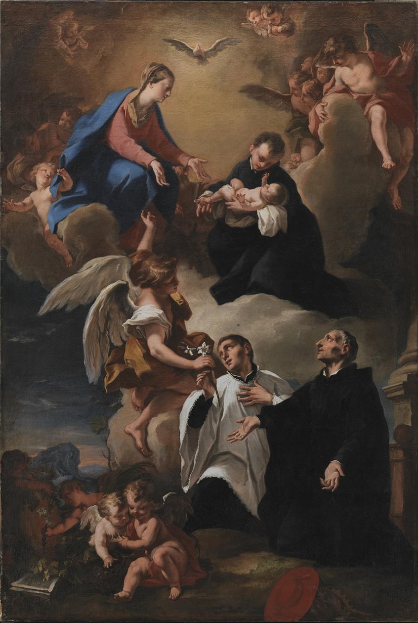 Helligånden, englene og jomfruen med de hellige Mark, Stanislau Kostka (holder barnet), Aloysius Gonzaga og Francesco Borgia af Nicola Grassi