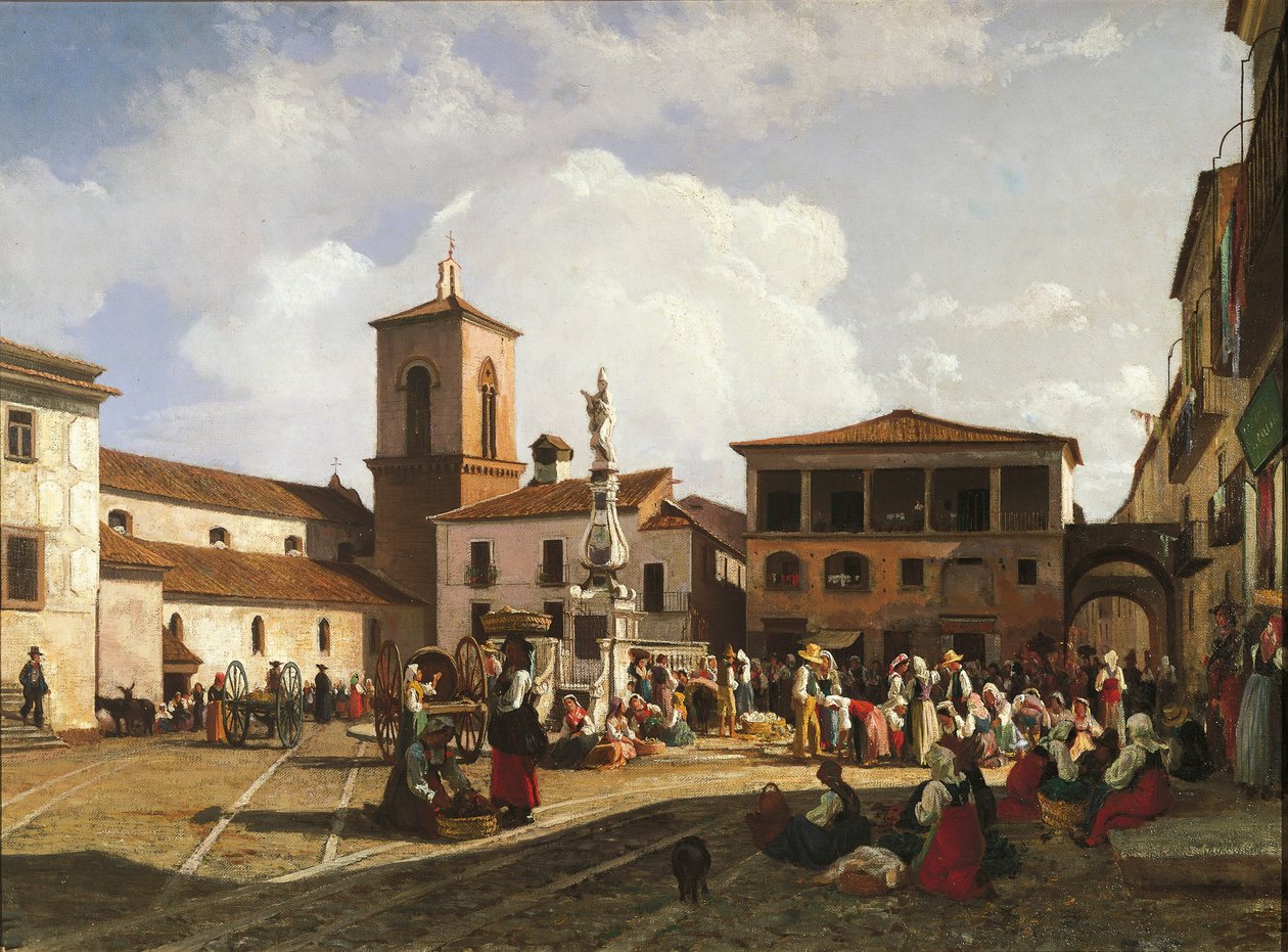 Benevento (Campania-regionen), Orsini-pladsen med katedralens klokketårn og springvandet dedikeret til pave Orsini (olie på lærred) af Nicola Palizzi