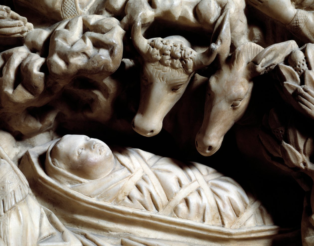 Kunst og gotisk arkitektur: Fødselen - Detalje af basreliefferne af marmorskrivebordet, som Nicola Pisano (1215/20-1278/84) lavede mellem 1266 og 1268 (Marmorprædikestoldetaljer, fødselsdag) Cathedrale Notre-Dame-de-l 