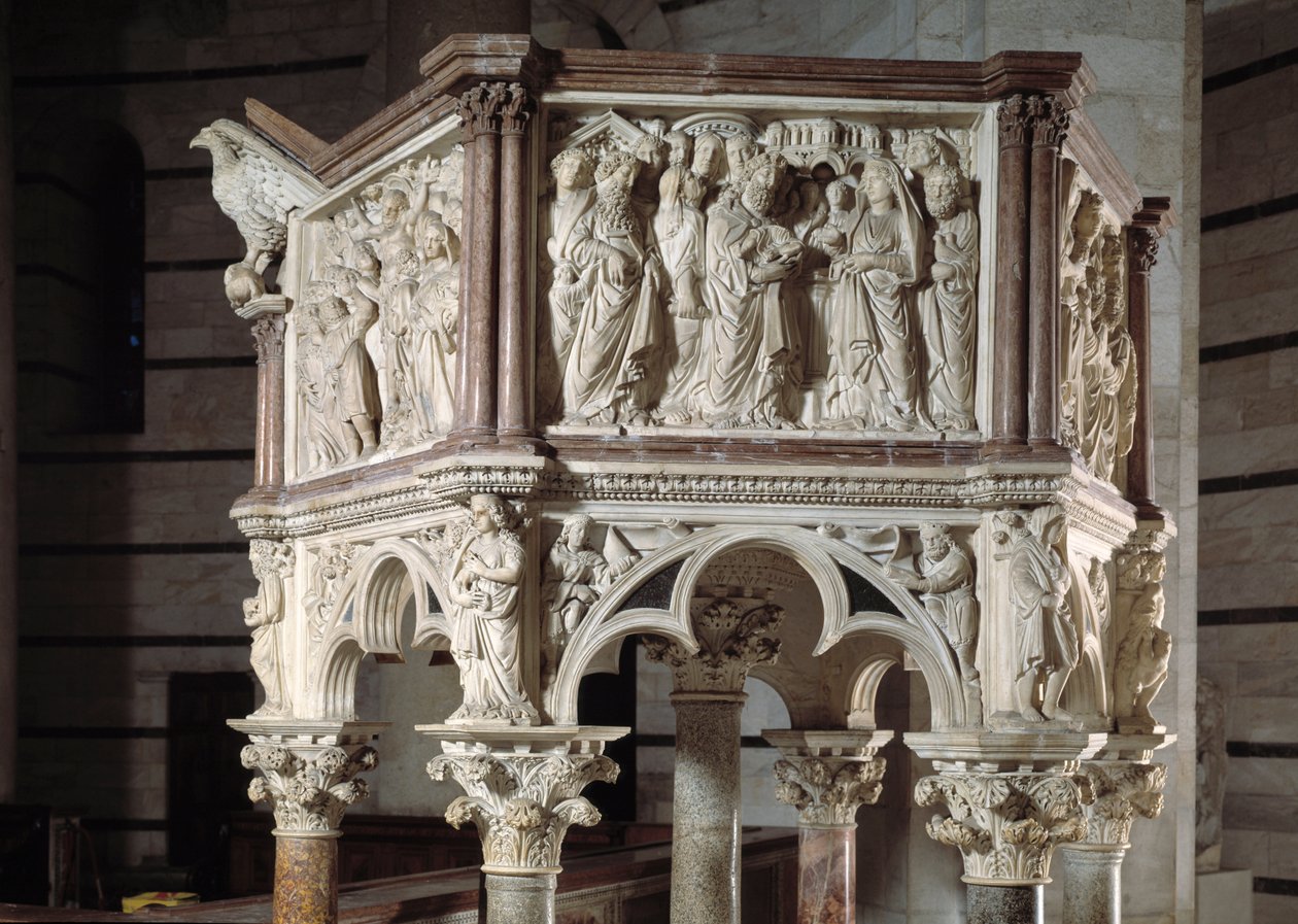 Stol udført af Nicola Pisano (1215 / 20-1278 / 84) (Marmorprædikestol) 1260 Baptistere Saint John of Pisa (Battistero San Giovanni di Pisa), Italien af Nicola Pisano