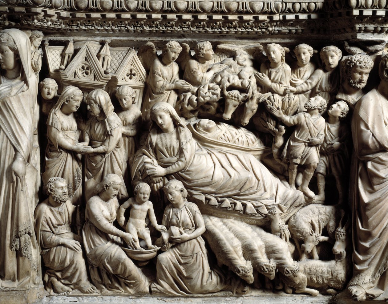 Gotisk kunst og arkitektur: visitation og fødsel - Detalje af basreliefferne af marmorbordet, som Nicola Pisano (1215/20-1278/84) lavede mellem 1266 og 1268 (marmorprædikestoldetaljer, visitation og fødsel) Cathedrale Notre-Dame- de-l