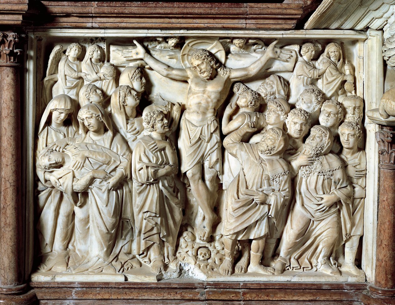 Italien, Toscana, Pisa, Piazza dei Miracoli, katedral, marmorprædikestol, panel med korsfæstelse af Giovanni Pisano af Nicola Pisano