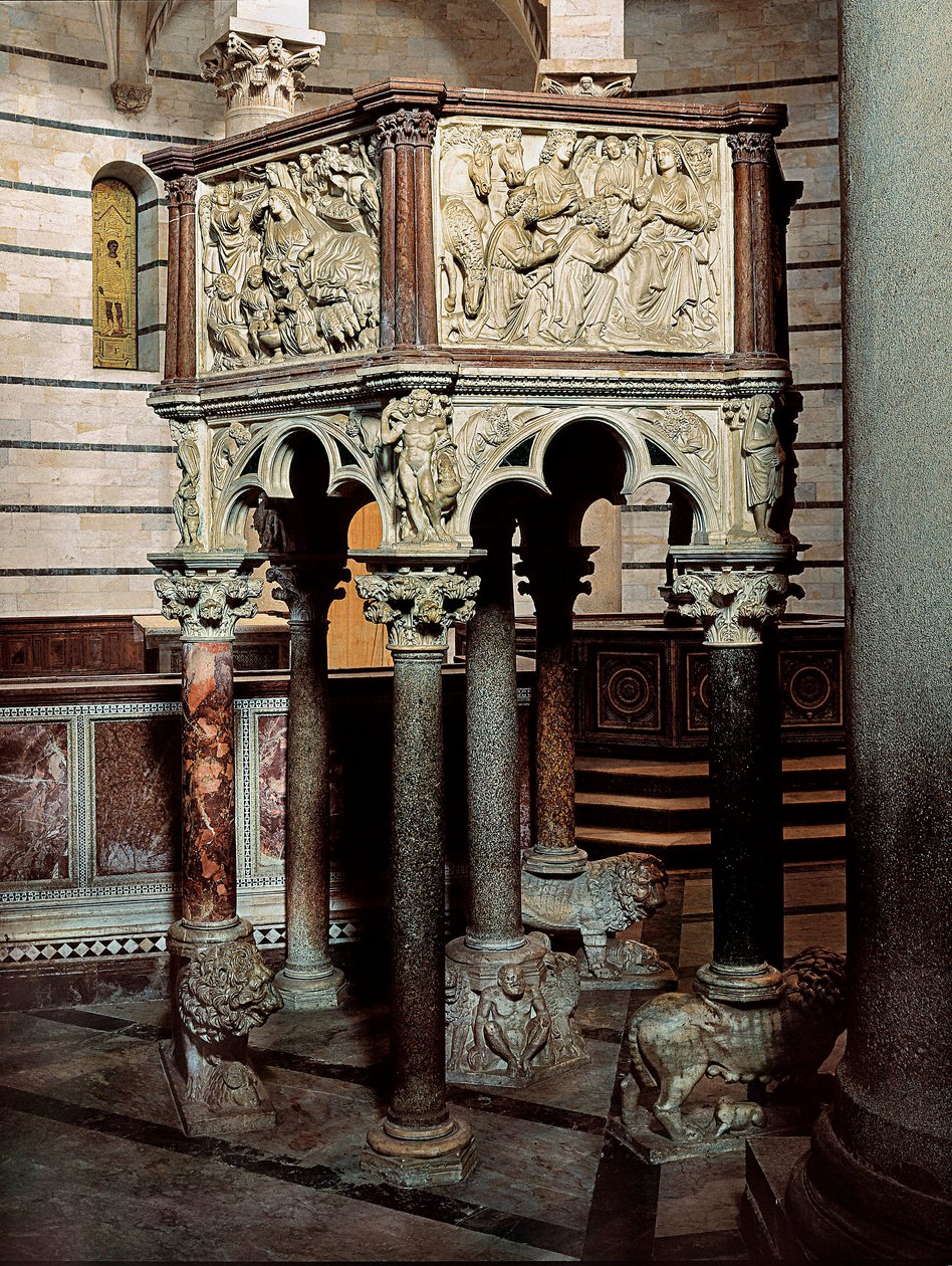 Marmorprædikestol af en kirke, i dåbskapellet i Pisa 1260 (lavt relief) af Nicola Pisano