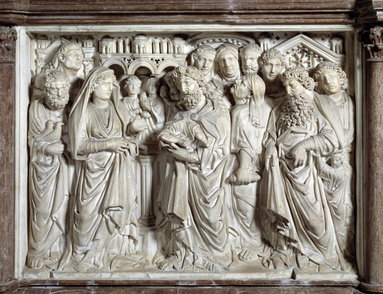 Præsentation af Jesus til templet (Præsentation af Jesus til templet) Stol udført af Nicola Pisano (1215/20-1278/84) (Marmorprædikestol) 1260 Baptistere Saint John of Pisa (Battistero san Giovanni di Pisa), Italien af Nicola Pisano