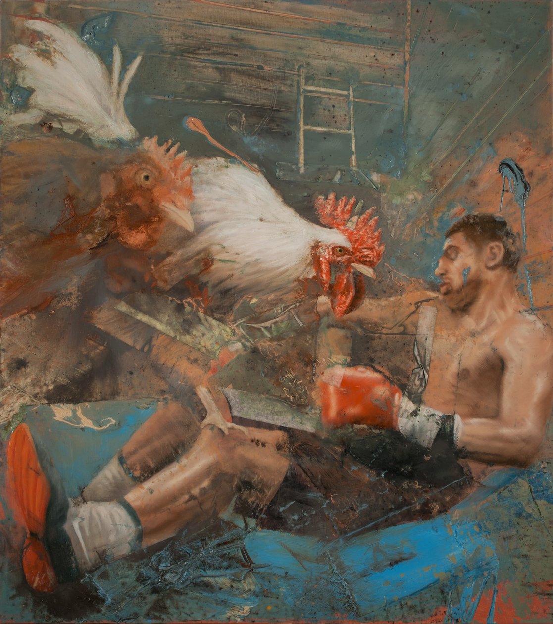 Boxer med haner, 2018 (olie på lærred) af Nicola Pucci
