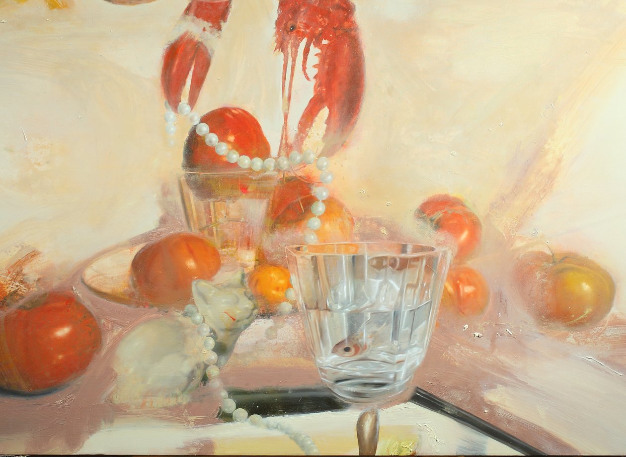 Kat med fisk, 2011 (olie på lærred) af Nicola Pucci