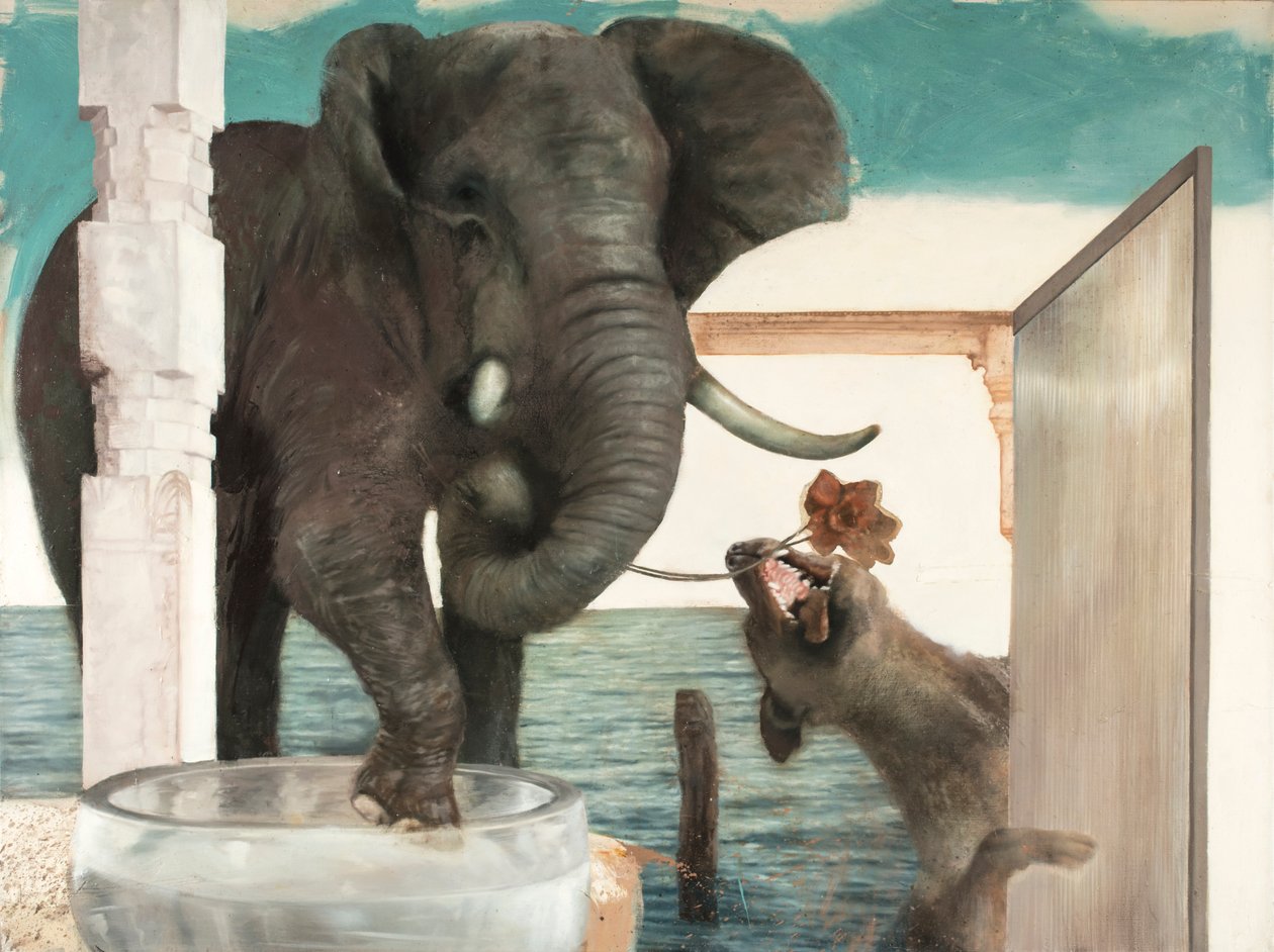 Elefant med hund, 2011 (olie på lærred) af Nicola Pucci