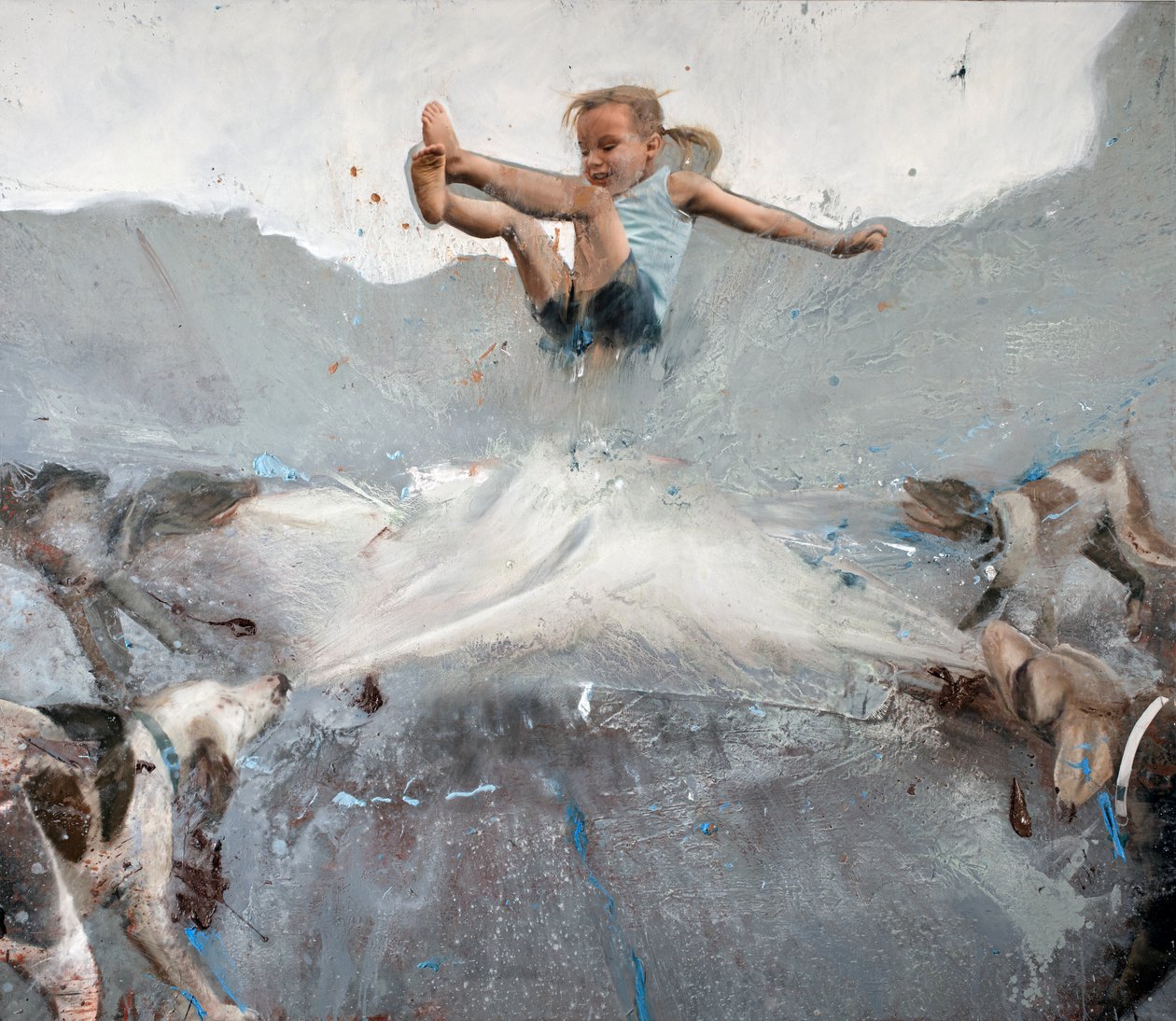 Pige hopper med hunde, 2023 (olie på lærred) af Nicola Pucci