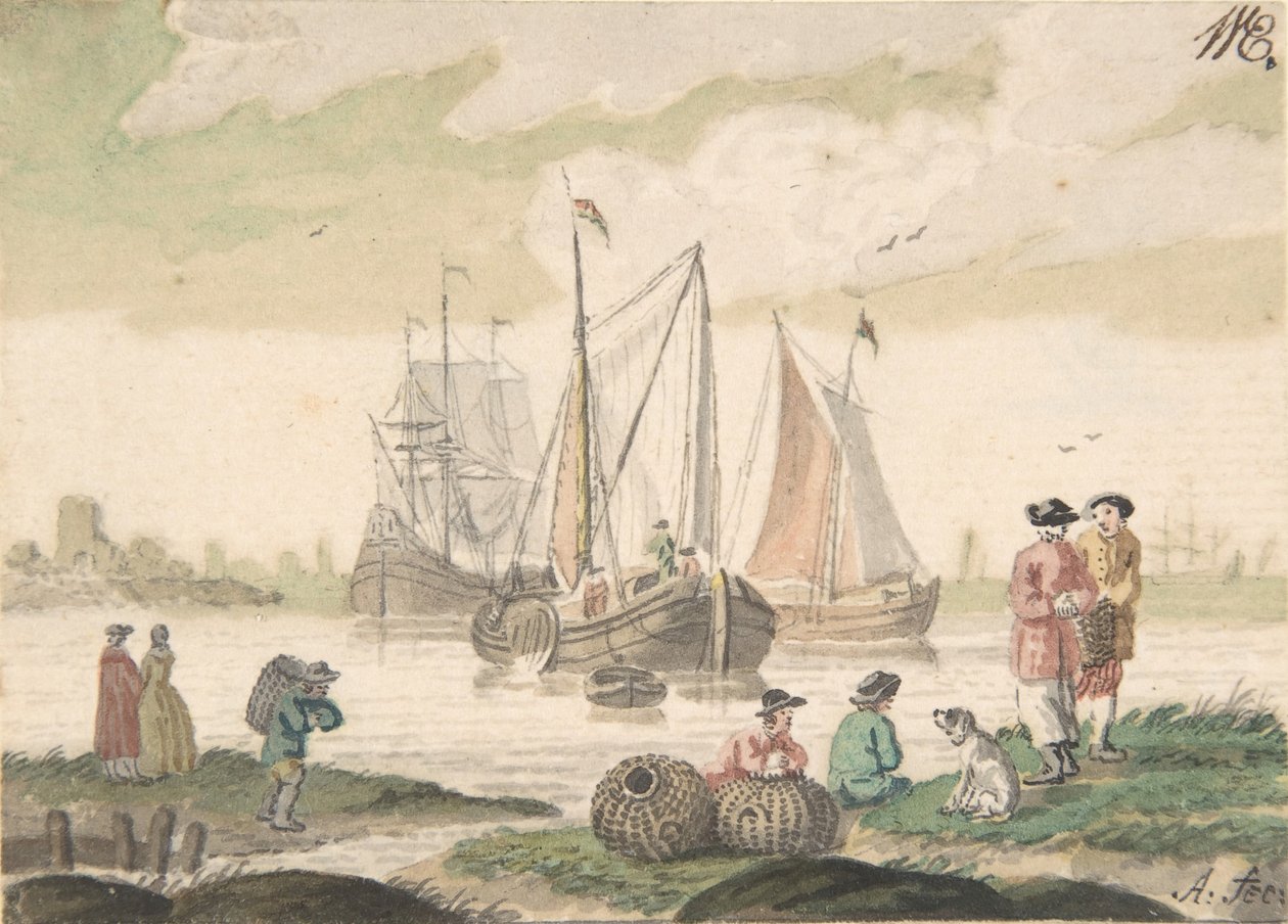 Havlandskab med syv figurer og en hund, 1733-93. af Nicolaas Aartman