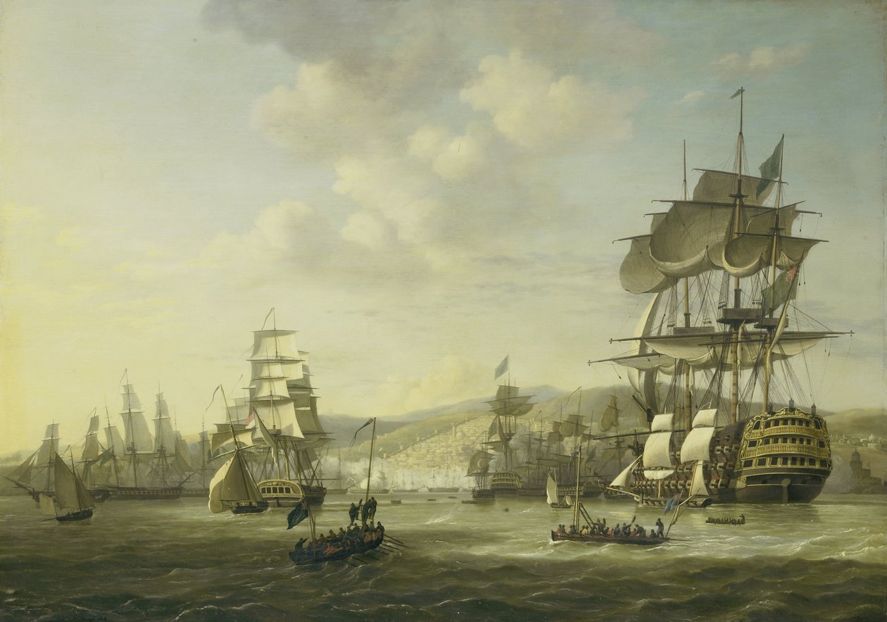 Den engelsk-hollandske flåde i Algier-bugten bakker op om Ultimatum for at frigive de kristne slaver, 26. august 1816 Fire episoder under tilstedeværelsen af den engelsk-hollandske flåde i Algierbugten, 26. til 27. august 1816 (serietitel) af Nicolaas Baur