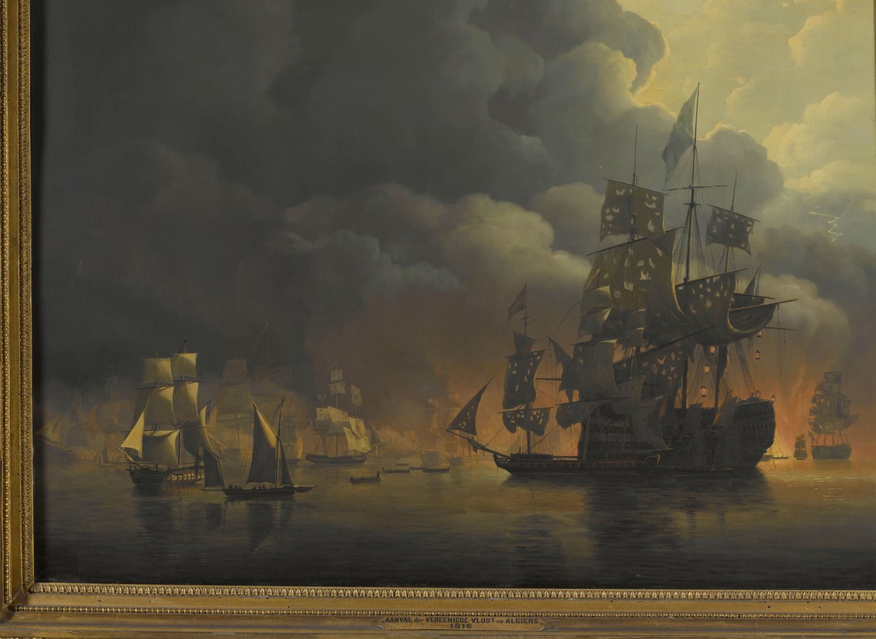 Den anglo-hollandske flåde under Lord Exmouth og viceadmiral Jonkheer Theodorus Frederik van Capellen udrydde de algeriske højborge, 27. august 1816 Fire episoder under tilstedeværelsen af den engelsk-hollandske flåde i Algierbugten, 26. til 27. august 181 af Nicolaas Baur