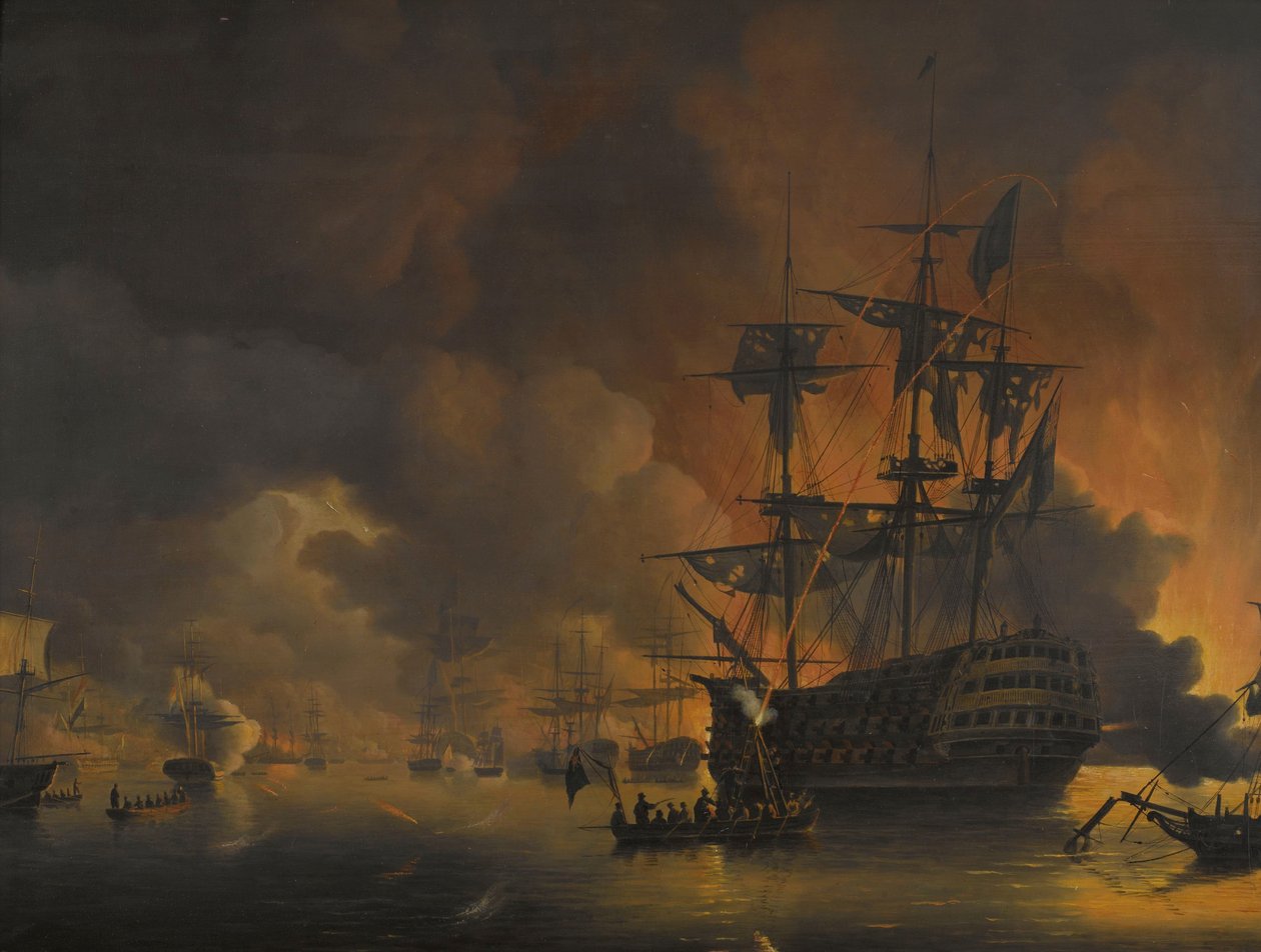 Branden på kajen i Algier, kort efter påbegyndelsen af bombardementet af den engelsk-hollandske flåde, 27. august 1816 Fire episoder under tilstedeværelsen af den engelsk-hollandske flåde i Algierbugten, 26. til 27. august 1816 (serietitel) af Nicolaas Baur