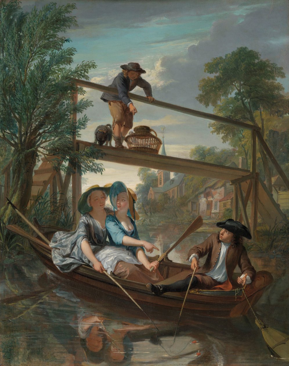 De hengelaars Genrescene med elegant ungt par i et landskab af Nicolaas Verkolje