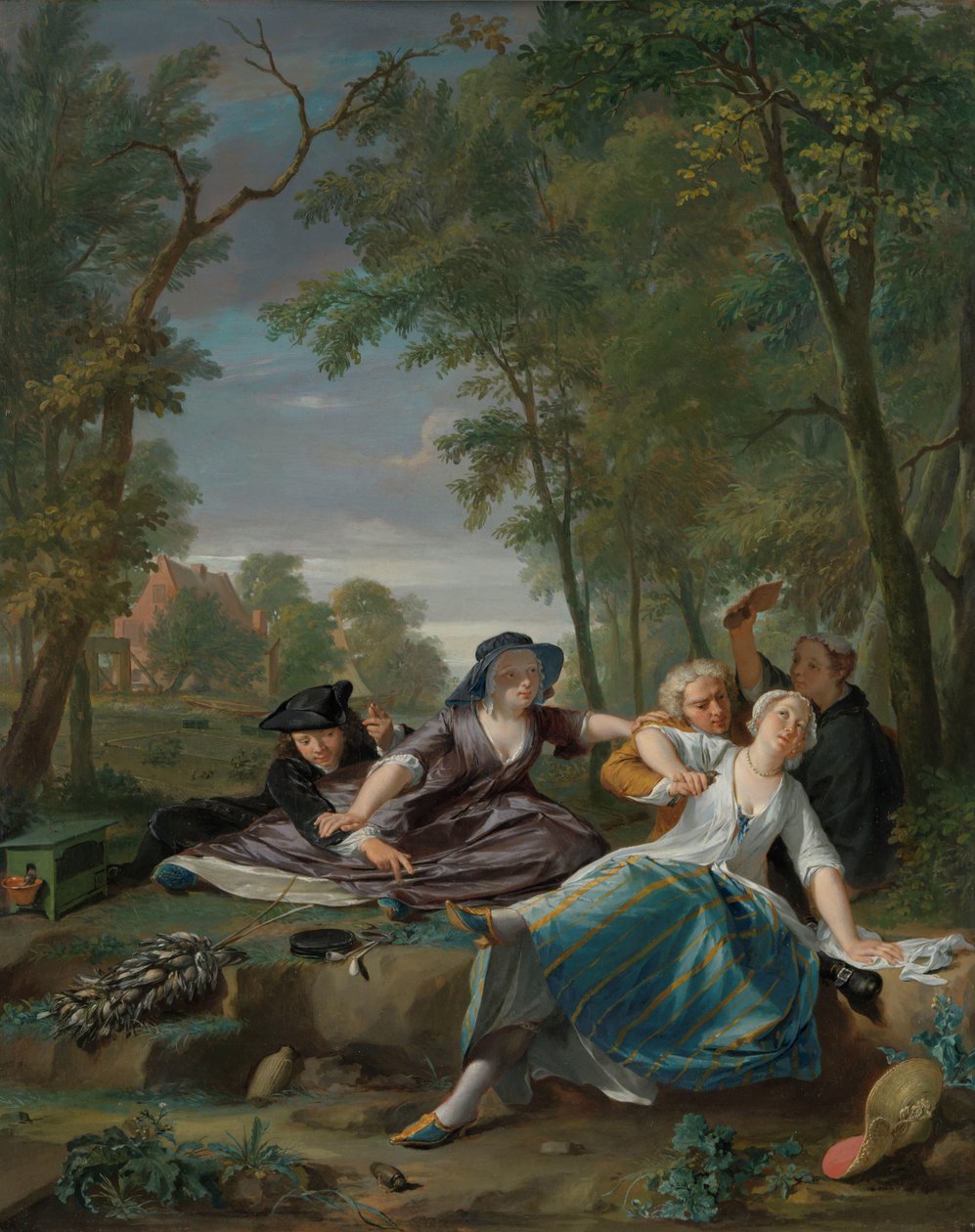 Genrescene med elegante unge par i et landskab af Nicolaas Verkolje