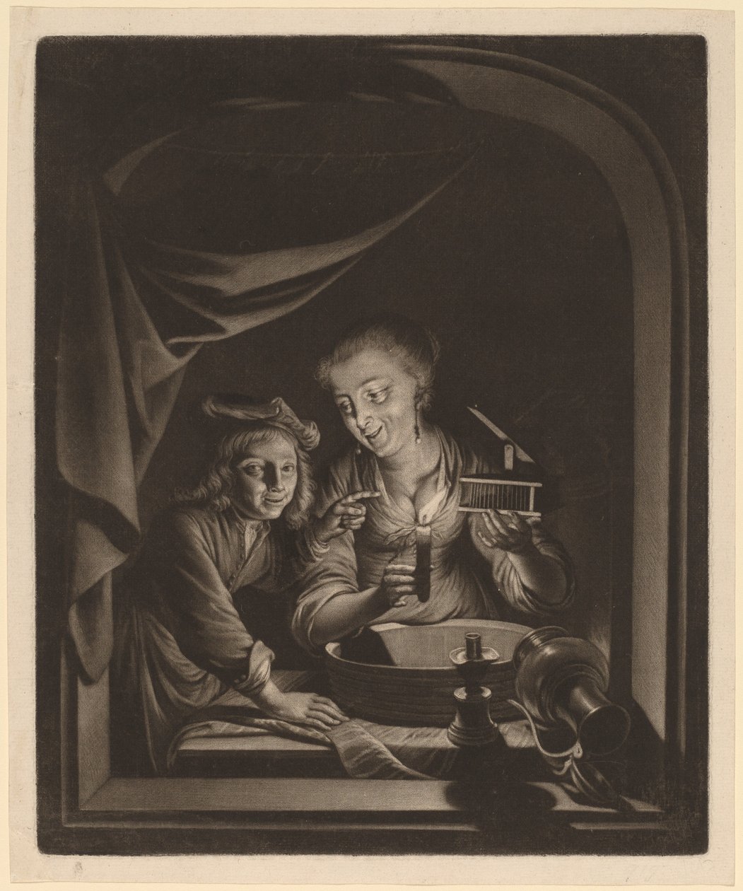 Stuepige med en musefælde af Nicolaas Verkolje after Gerrit Dou