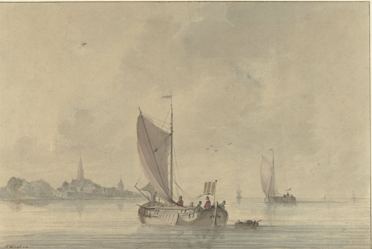 Sejlpramme på vandet foran en hollandsk by af Nicolaas Wicart
