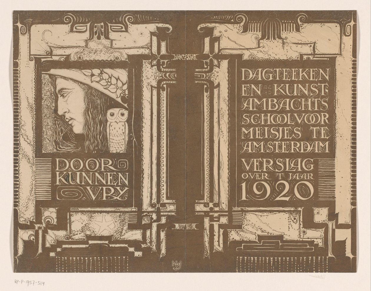 Banddesign til: Dagens rapport Tegne- og kunsthåndværksskole for piger i Amsterdam omkring år 1920 af Nicolaas van de Vecht