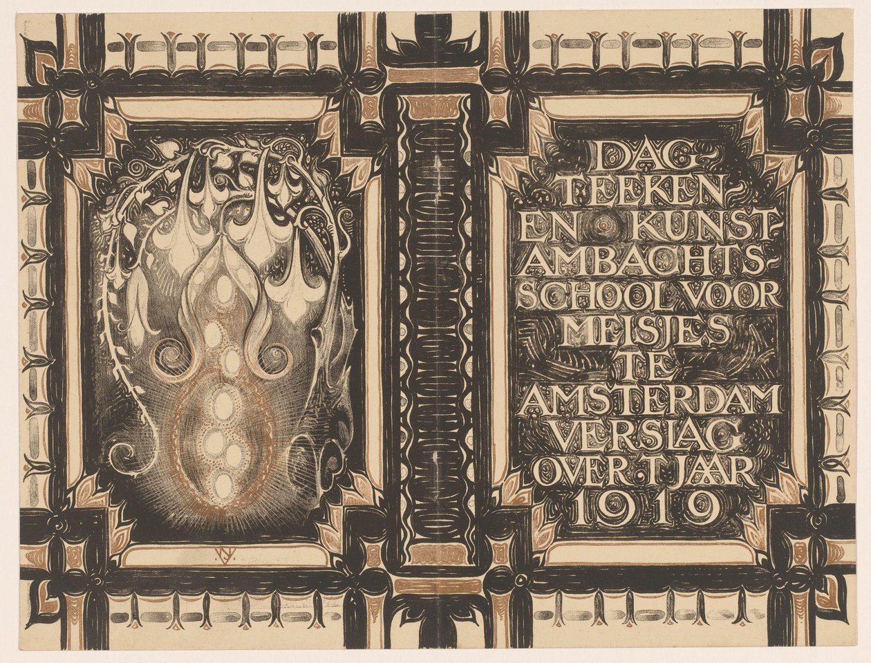 Banddesign til: Dagens rapport Tegne- og kunsthåndværksskole for piger i Amsterdam omkring år 1919 af Nicolaas van de Vecht