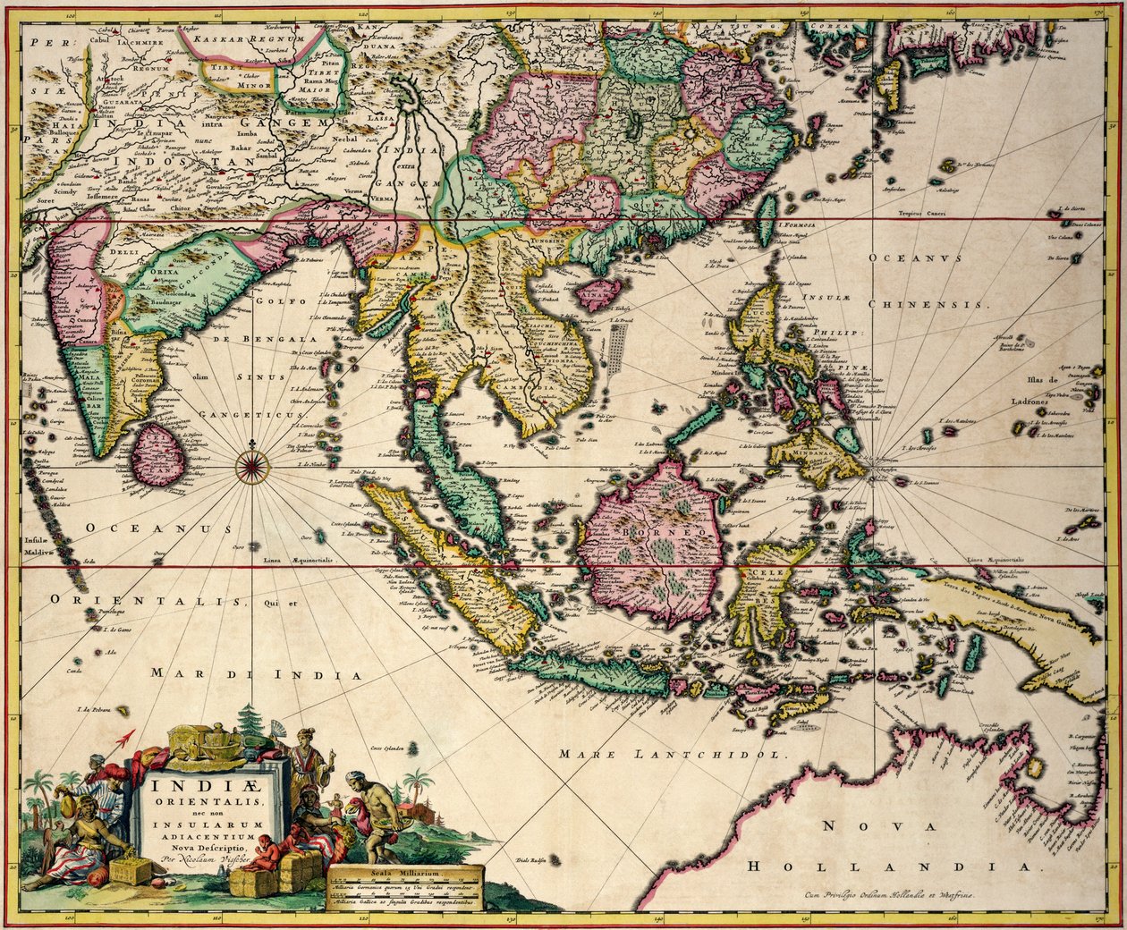 Generelt kort, der strækker sig fra Indien og Ceylon til det nordvestlige Australien gennem det sydlige Japan, Filippinerne, den malaysiske halvø og den indonesiske øgruppe af Nicolaes Jansz Visscher