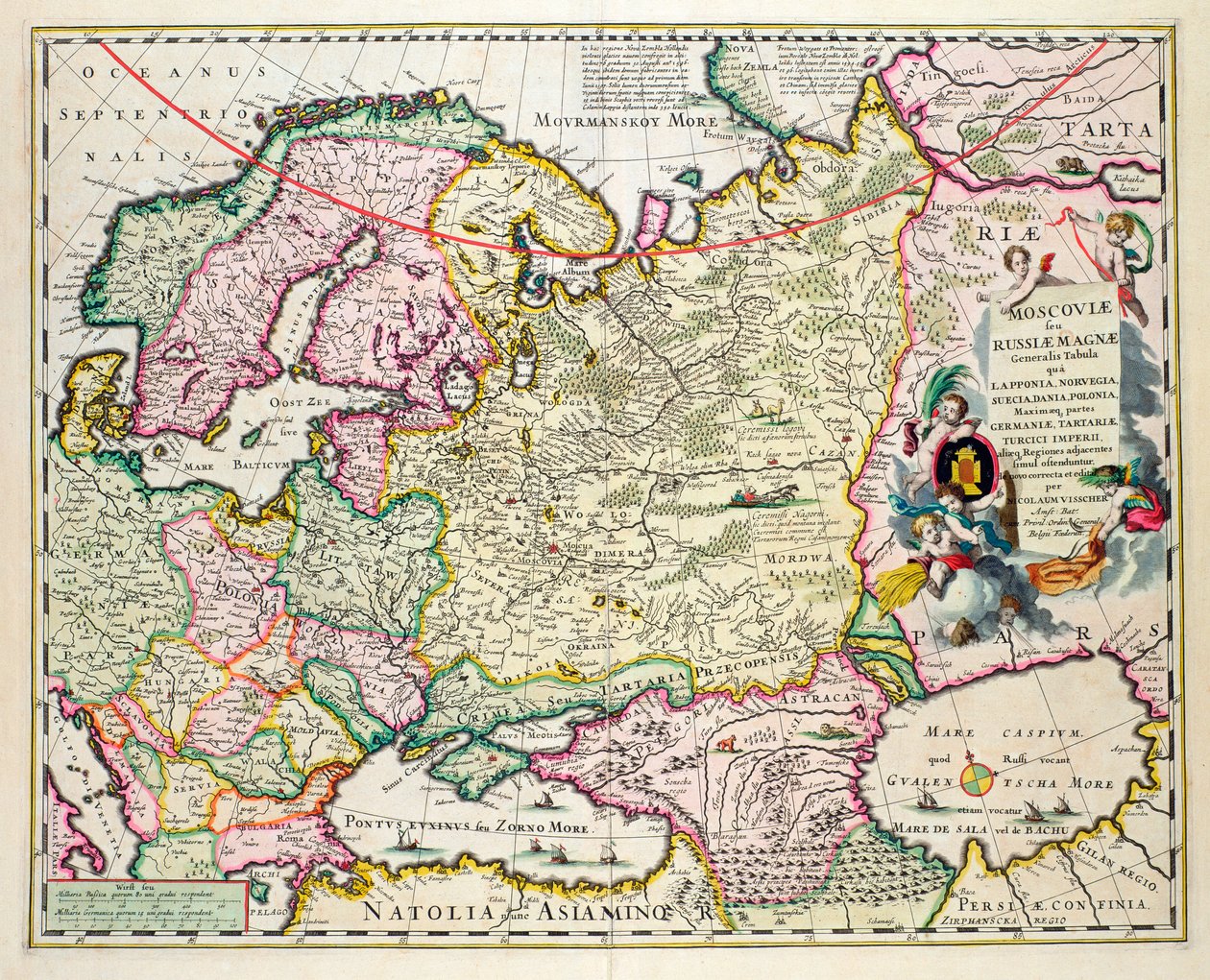 Kort over Lilleasien, der viser Norge, Sverige, Danmark, Lapland, Polen, Tyrkiet, Rusland og Moskva-regionen, ca. 1626 (håndfarvet pladegravering) af Nicolaes Jansz Visscher
