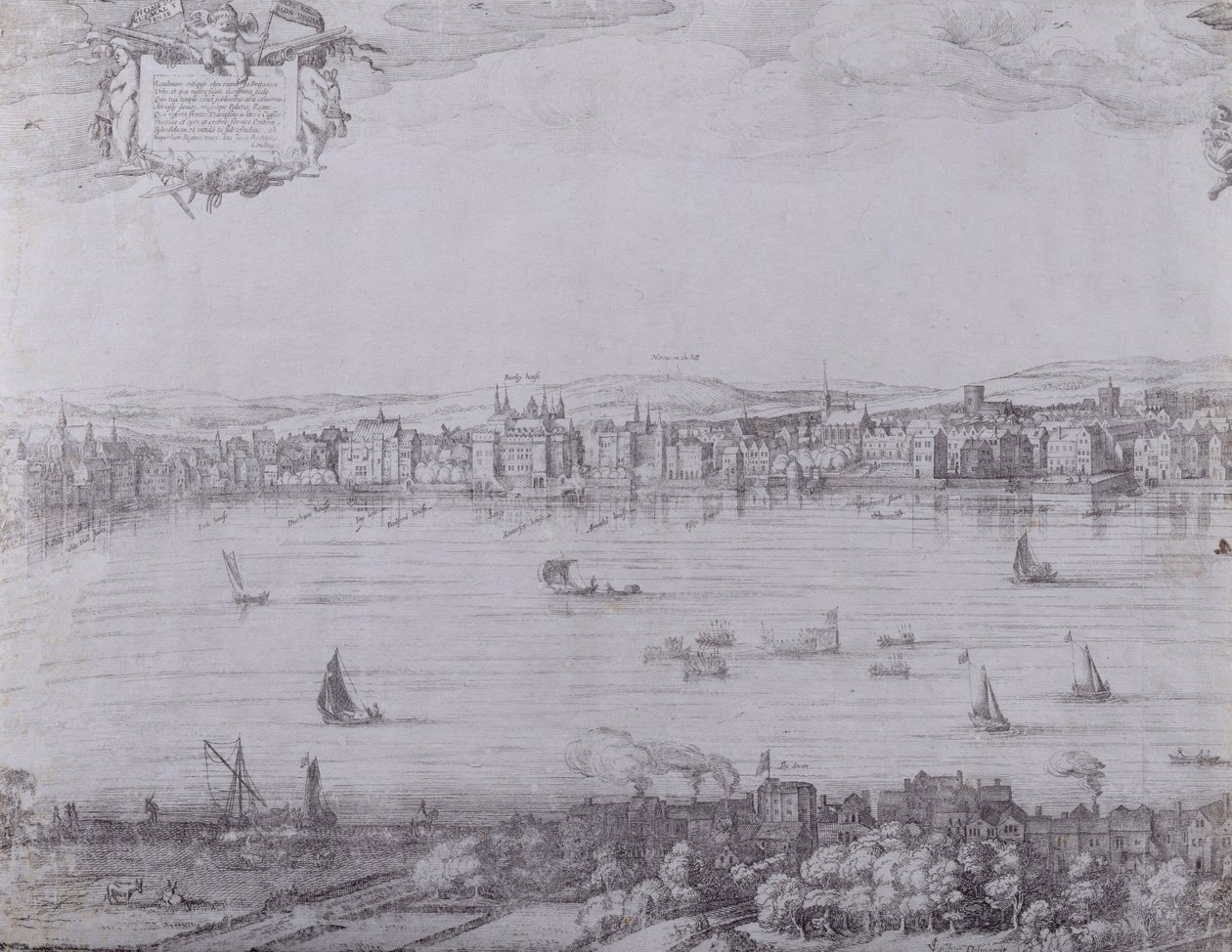Panorama over London og Themsen, del 1 viser fra Whitehall til Blackfriars, ca. 1600 (se også 7214 og 64730-31) af Nicolaes Jansz Visscher