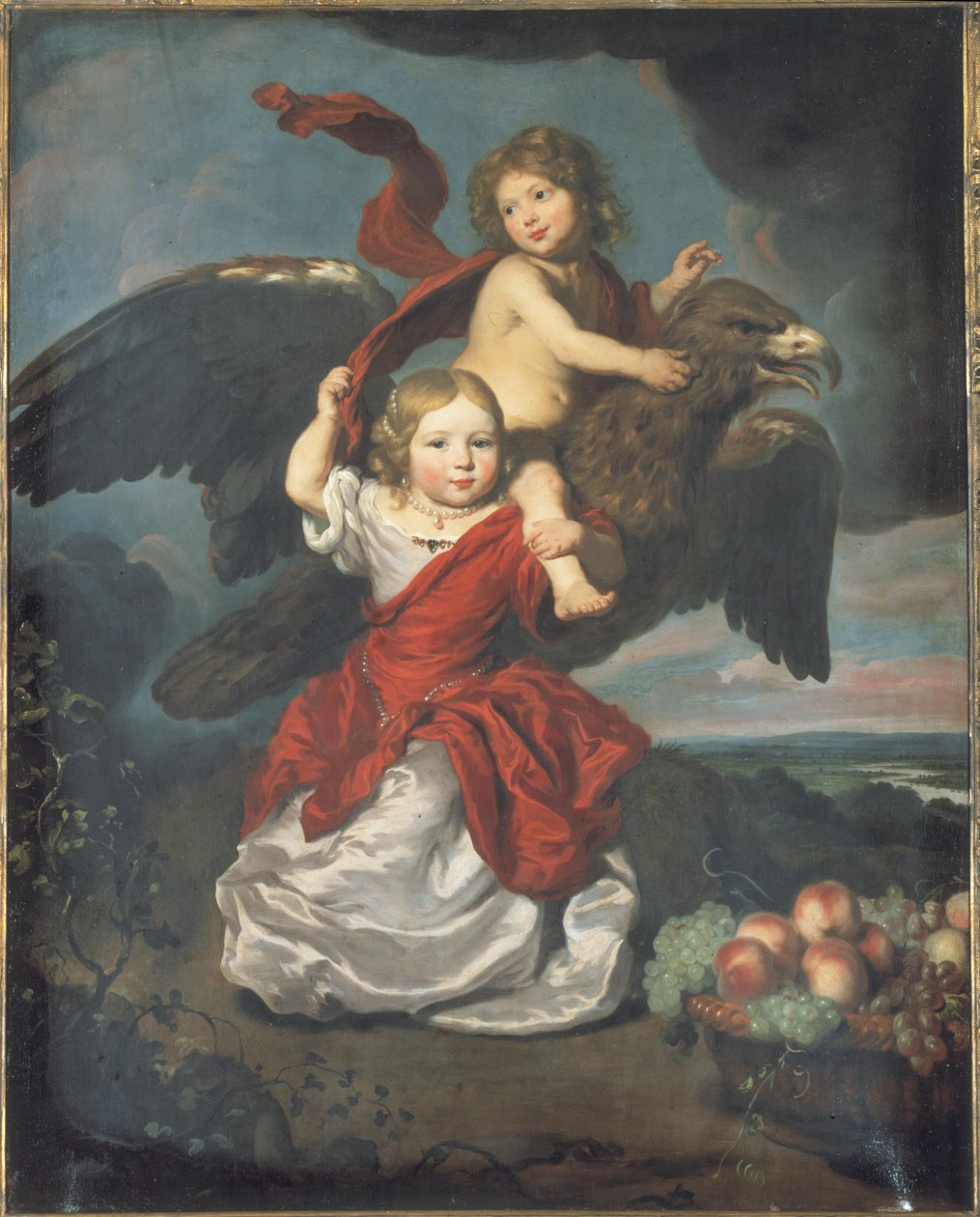 Dobbelt portræt af en dreng og en pige som Ganymede og Hebe i et landskab af Nicolaes Maes