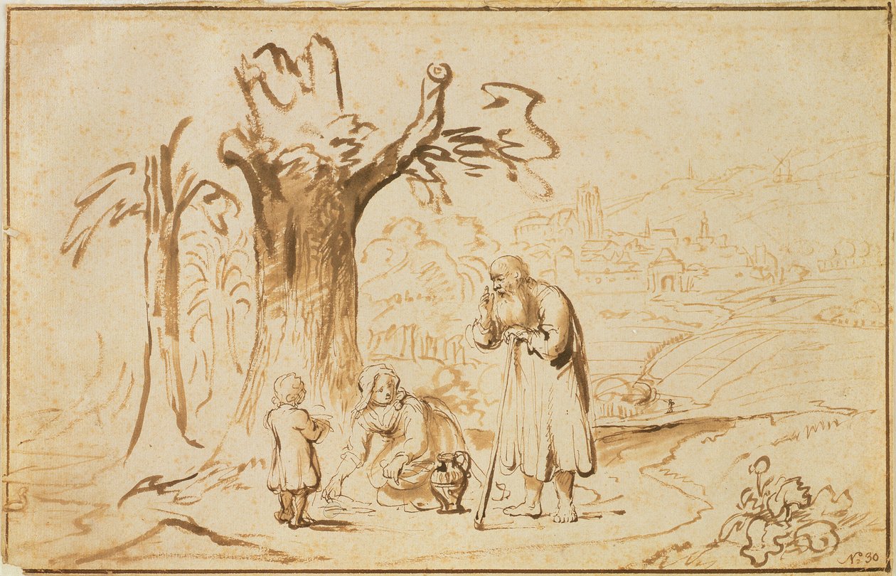 Elias og enken fra Zarefat (pen og brun vask på papir) af Nicolaes Maes